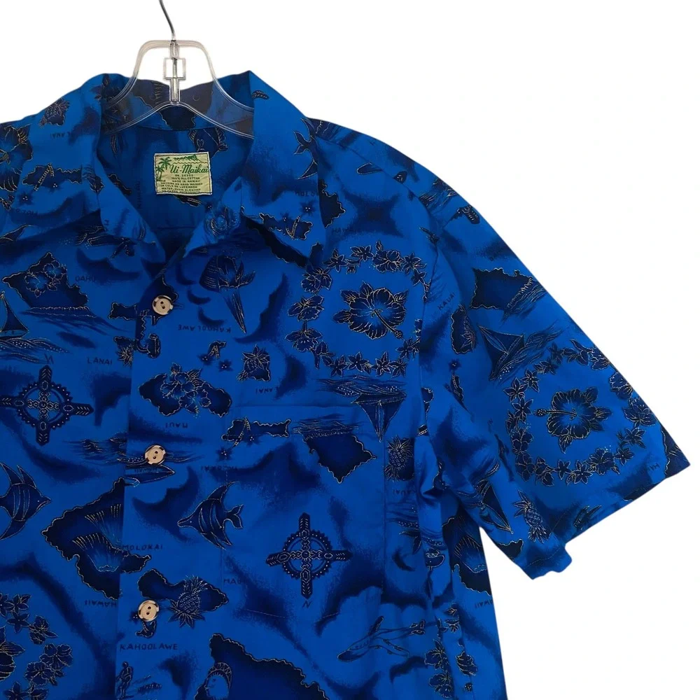 Ui Maikai Hawaiian Shirt VTG Men's Medium‎ Blue Island Map Print Aloha Button Up